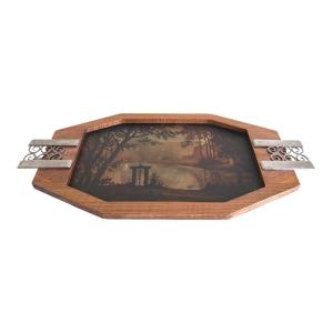 Art Deco Wood And Wrought Iron Tray With Landscape Design, Signed "lemonde," 1930