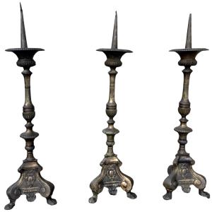 A Significant Set Of 3 Large Bronze Church Candlesticks - Baroque Style