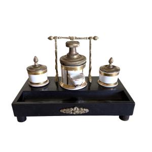  19th-century Pump-action Inkstand – Paris Porcelain, Bronze, And Blackened Wood