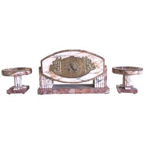 Garniture de Cheminée Art Déco en Marbre Rose & Bronze – Pendule + Cassolettes (1930)