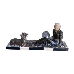 Sculpture Art Déco — Femme à l’éventail et lévrier russe (Barzoï)