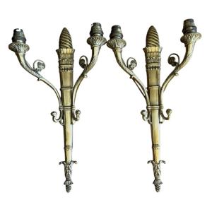 Paire d’appliques murales en bronze doré, style Empire/Néoclassique — motif carquois et torche