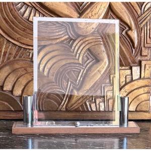 Grand Cadre photo Art Déco verre et chrome sur socle en bois