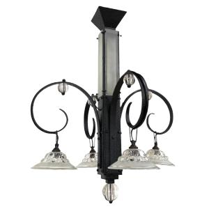 5-light Art Deco Chandelier Made Of Hammered Wrought Iron