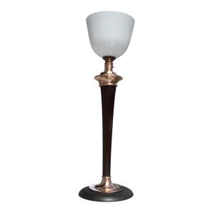 Lampe Mazda Art Déco bois laqué, et cuivre opaline