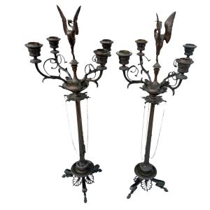 Pair Of Bronze Candelabra Signed F. Barbedienne – 19th Century
