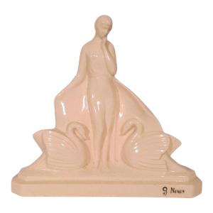 Art Deco Sculpture In Crackled Ceramic, “young Woman With Swans” — Signed By Gaston Ninin