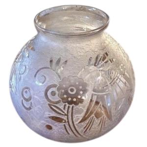 Art Deco Frosted Glass Ball Vase Engraved With A Floral Motif. Signed "lorrain France"