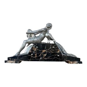 1930 Art Deco Sculpture — Woman With A Peacock — Silver-plated Regule And Portor Marble Base