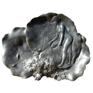 Art Nouveau Pewter Trinket Dish, “young Woman Watering Her Plants,” Signed B. Jouant (19