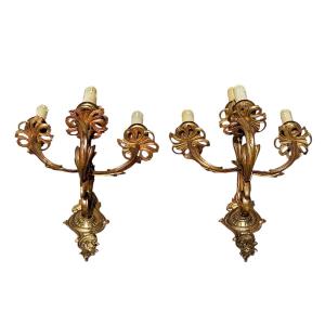 Pair Of Four-arm Wall Sconces In Gilded Bronze, Louis XV Style, Late 19th Century