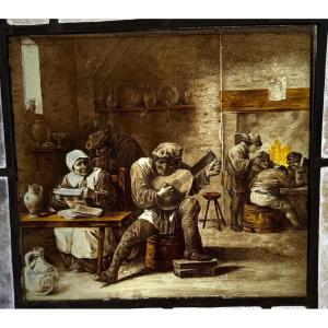 Stained-glass Window In Grisaille And Silver Yellow: A Flemish Tavern Scene Based On Ad