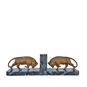 Pair Of Art Deco Bookends—bronze Bulls Signed “luca” On Veined Black Marble Bases