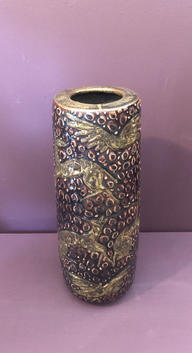 Jean Mayodon Scroll Vase With Animal Design