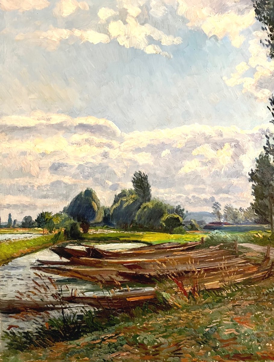 Au Bord Du Canal, Huile Sur Toile Signée A. Camissar-photo-2