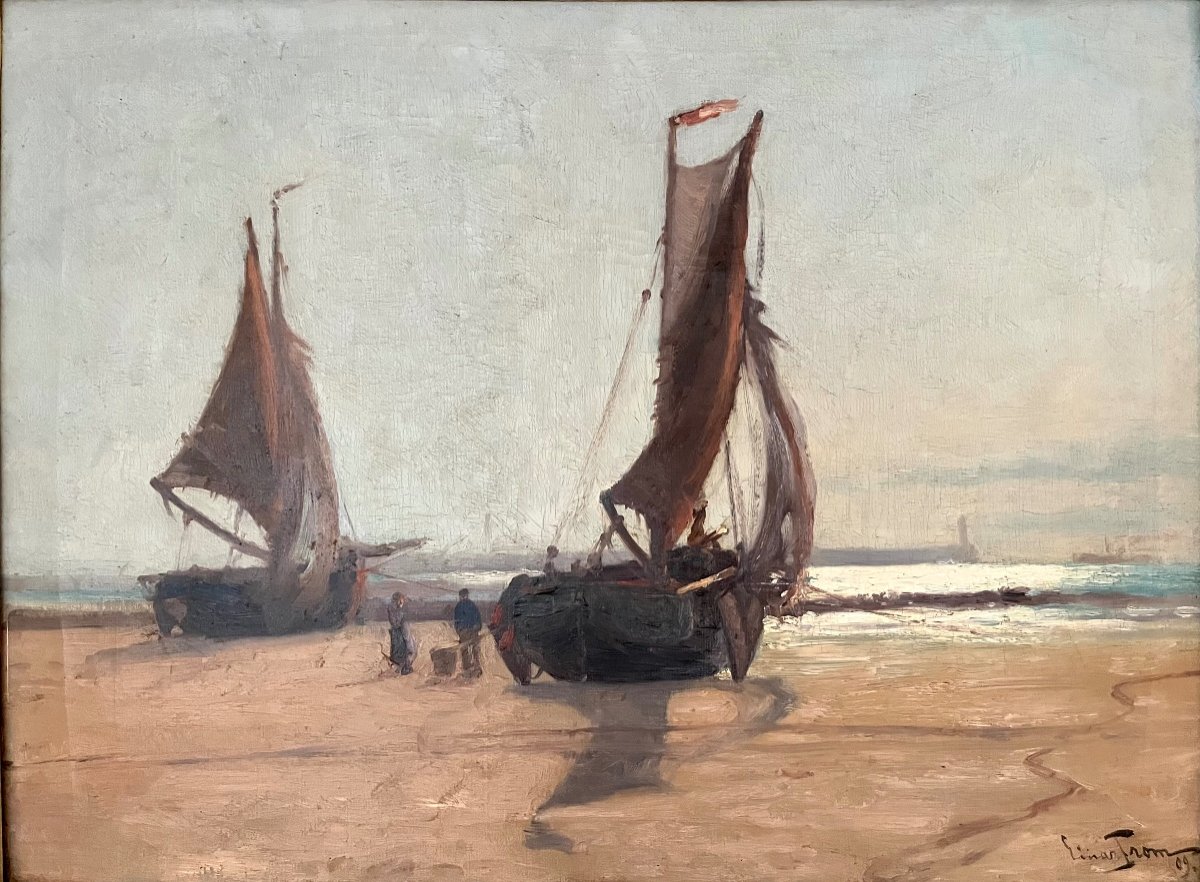 Two Sailboats On A Beach, Oil On Canvas Signed Einar From And Dated 1909-photo-3