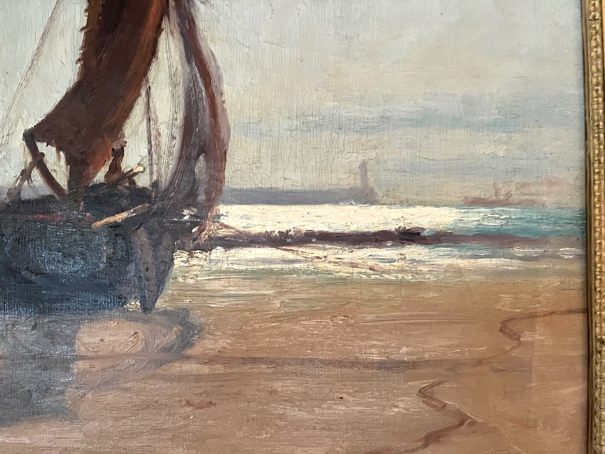 Two Sailboats On A Beach, Oil On Canvas Signed Einar From And Dated 1909-photo-1