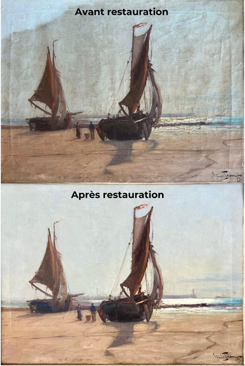 Two Sailboats On A Beach, Oil On Canvas Signed Einar From And Dated 1909-photo-2