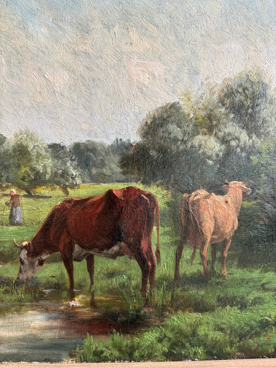 Vache au pâturage, huile sur toile fin XIXe siècle-photo-4