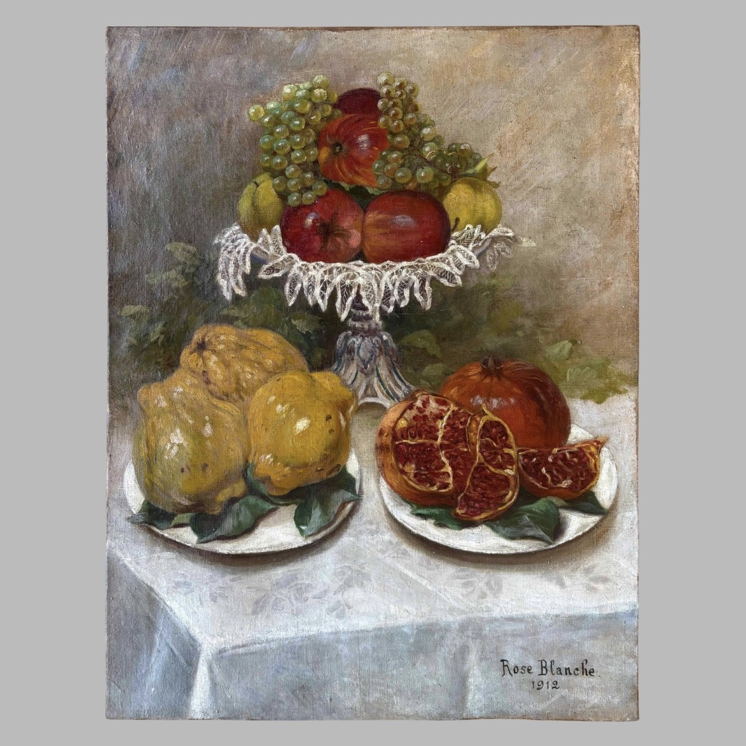 Three Bowls Of Fruit, Oil On Canvas Signed Rose Blanche, And Dated 1912