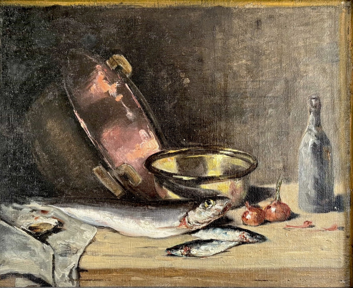 Nature morte aux poissons, huile sur toile marouflée sur carton XIXeme siècle-photo-2