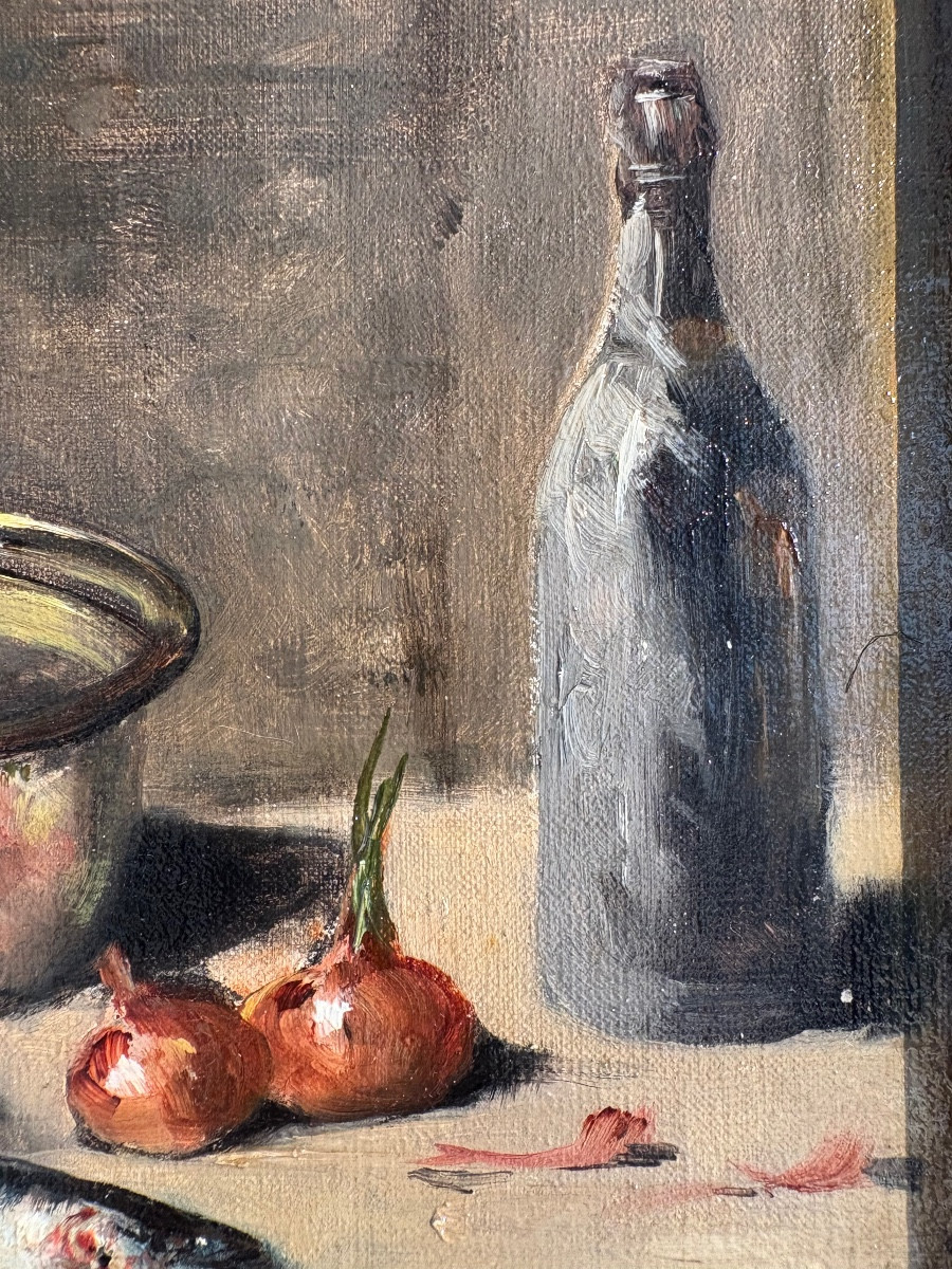 Nature morte aux poissons, huile sur toile marouflée sur carton XIXeme siècle-photo-4