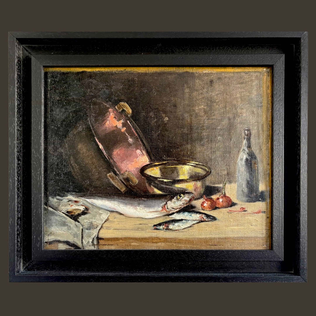 Nature morte aux poissons, huile sur toile marouflée sur carton XIXeme siècle