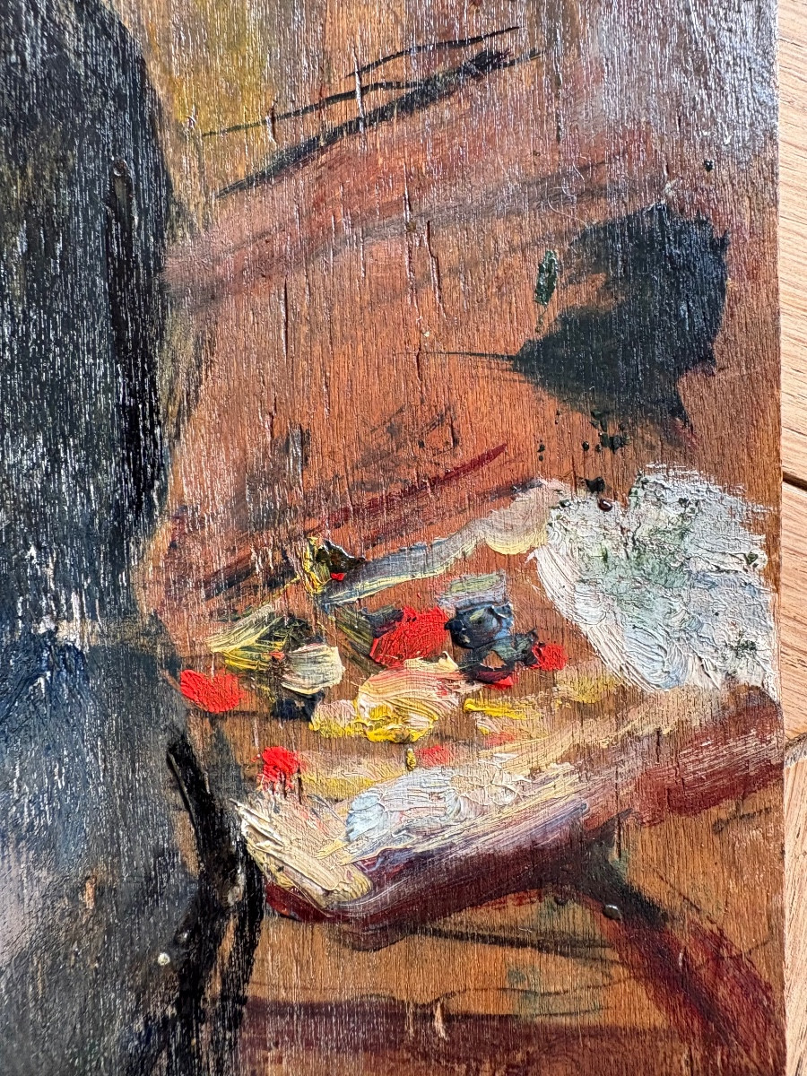 Peintre dans une barque, huile sur bois attribuée à Suzanne Minier-photo-2