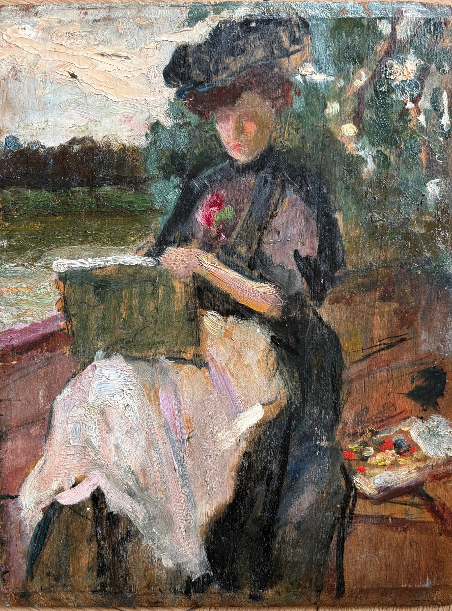 Peintre dans une barque, huile sur bois attribuée à Suzanne Minier-photo-4