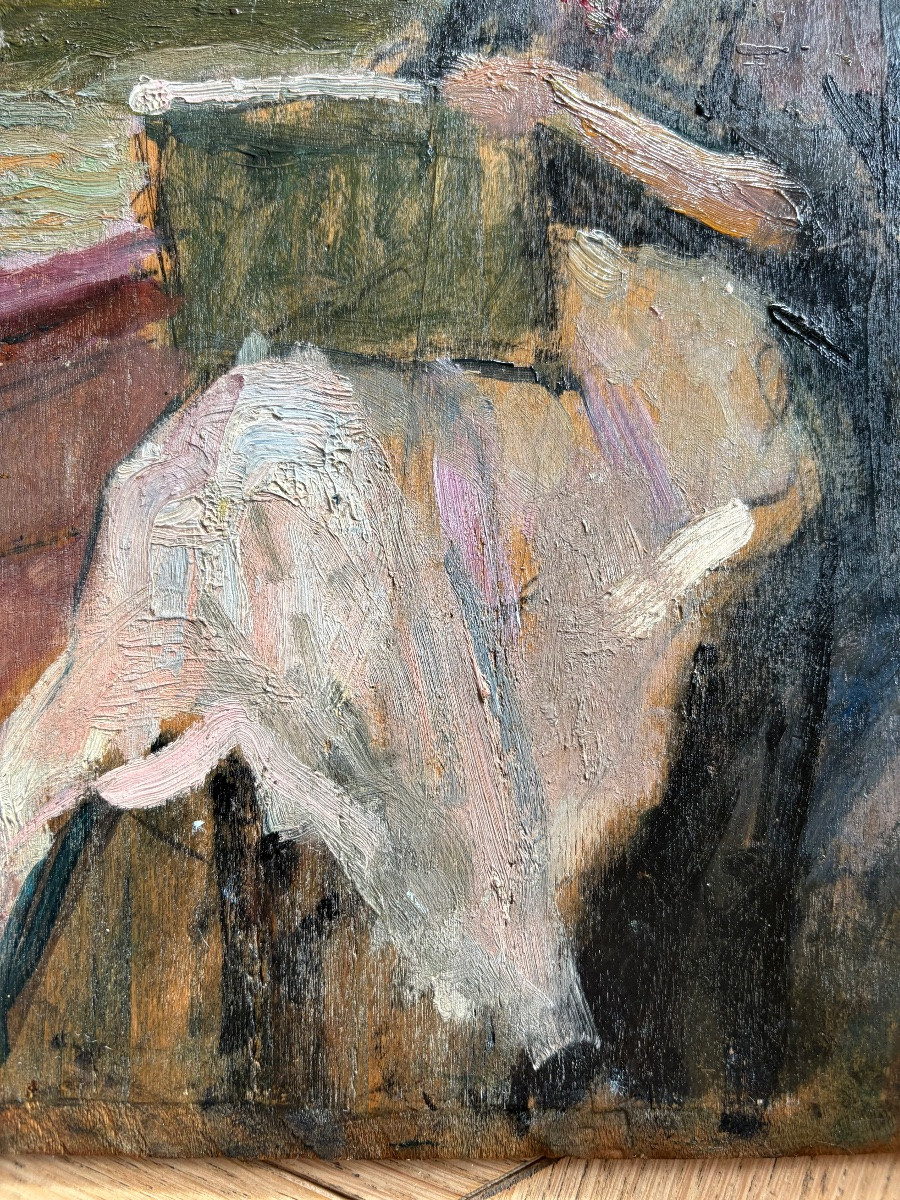 Peintre dans une barque, huile sur bois attribuée à Suzanne Minier-photo-3