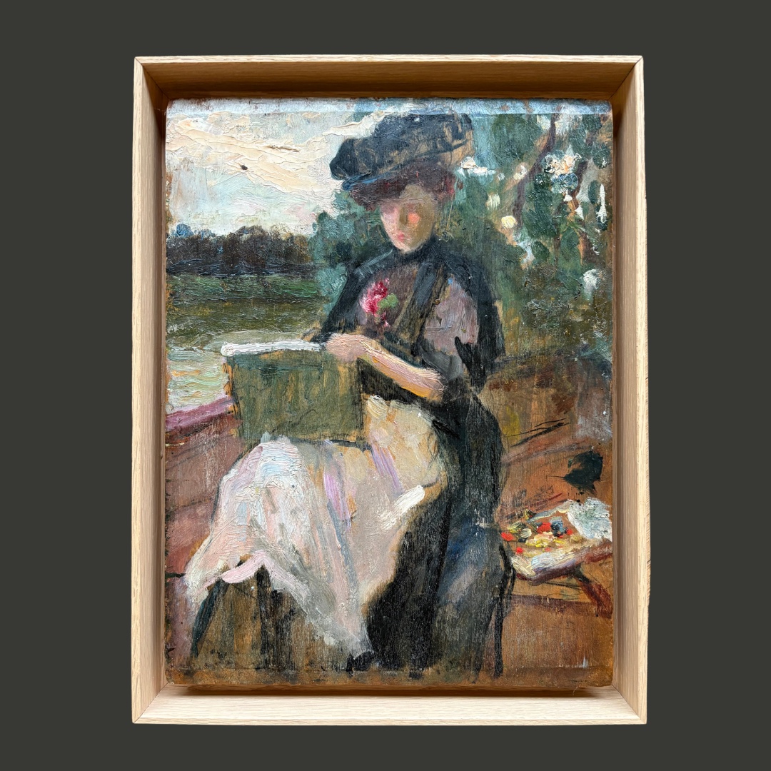 Peintre dans une barque, huile sur bois attribuée à Suzanne Minier