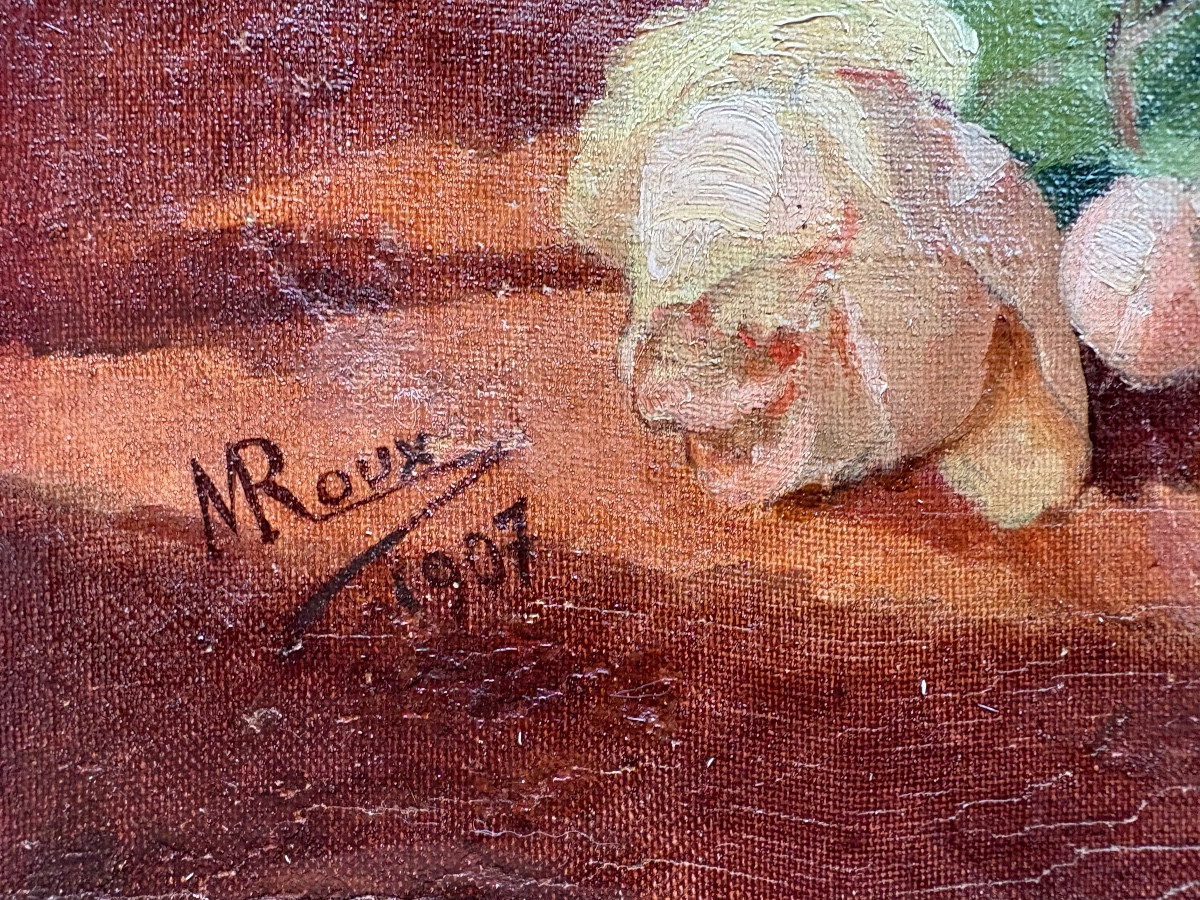 Still Life With A Bouquet Of Roses, Oil On Canvas Signed N Roux, Dated 1907-photo-2