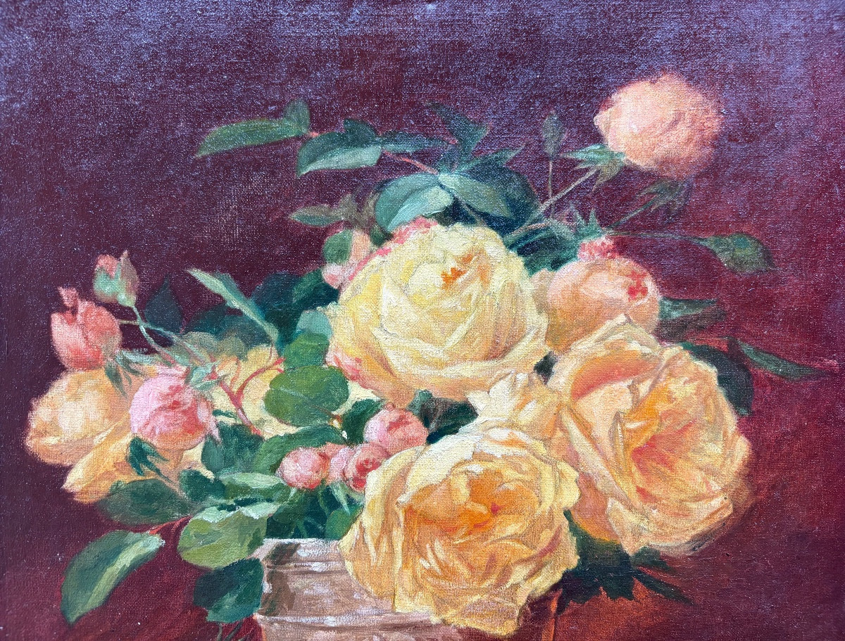 Still Life With A Bouquet Of Roses, Oil On Canvas Signed N Roux, Dated 1907-photo-3