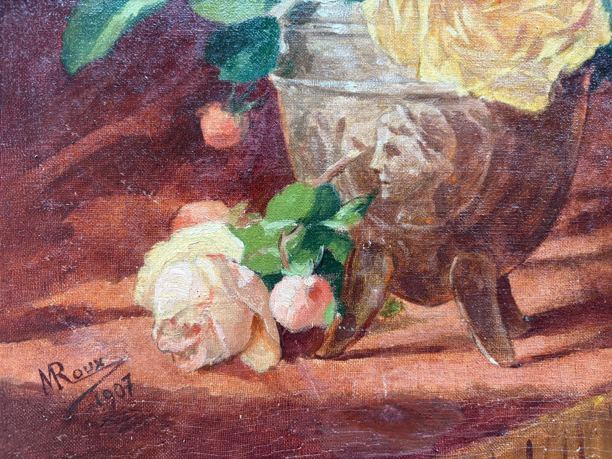 Still Life With A Bouquet Of Roses, Oil On Canvas Signed N Roux, Dated 1907-photo-4