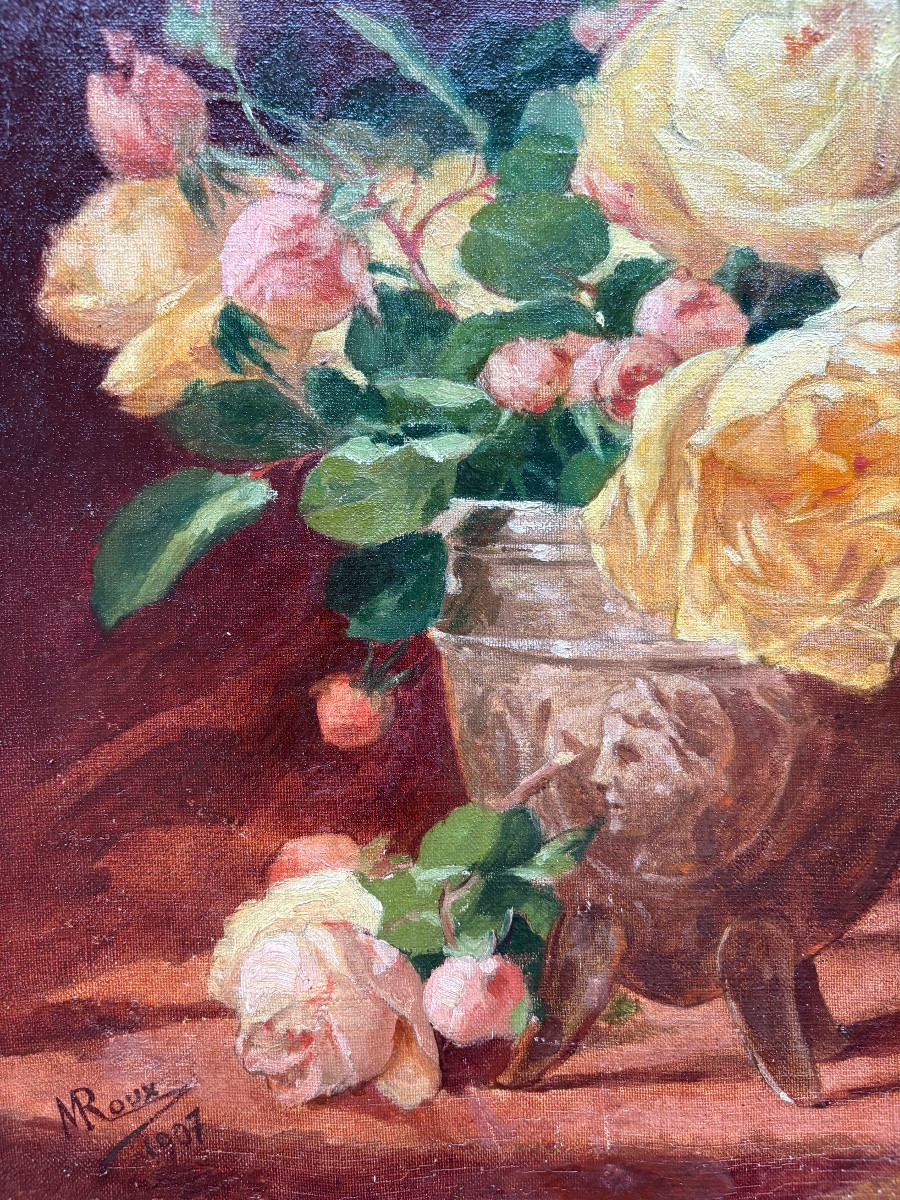Still Life With A Bouquet Of Roses, Oil On Canvas Signed N Roux, Dated 1907-photo-1