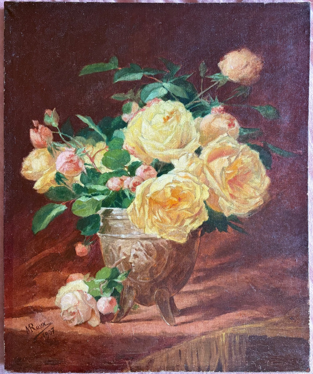 Still Life With A Bouquet Of Roses, Oil On Canvas Signed N Roux, Dated 1907-photo-4