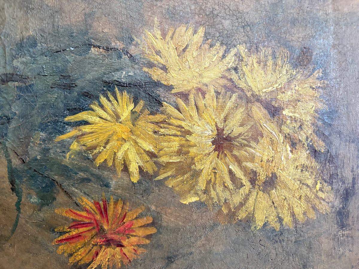 Still Life With Chrysanthemums, Oil On Canvas, Signed, 19th Century-photo-1