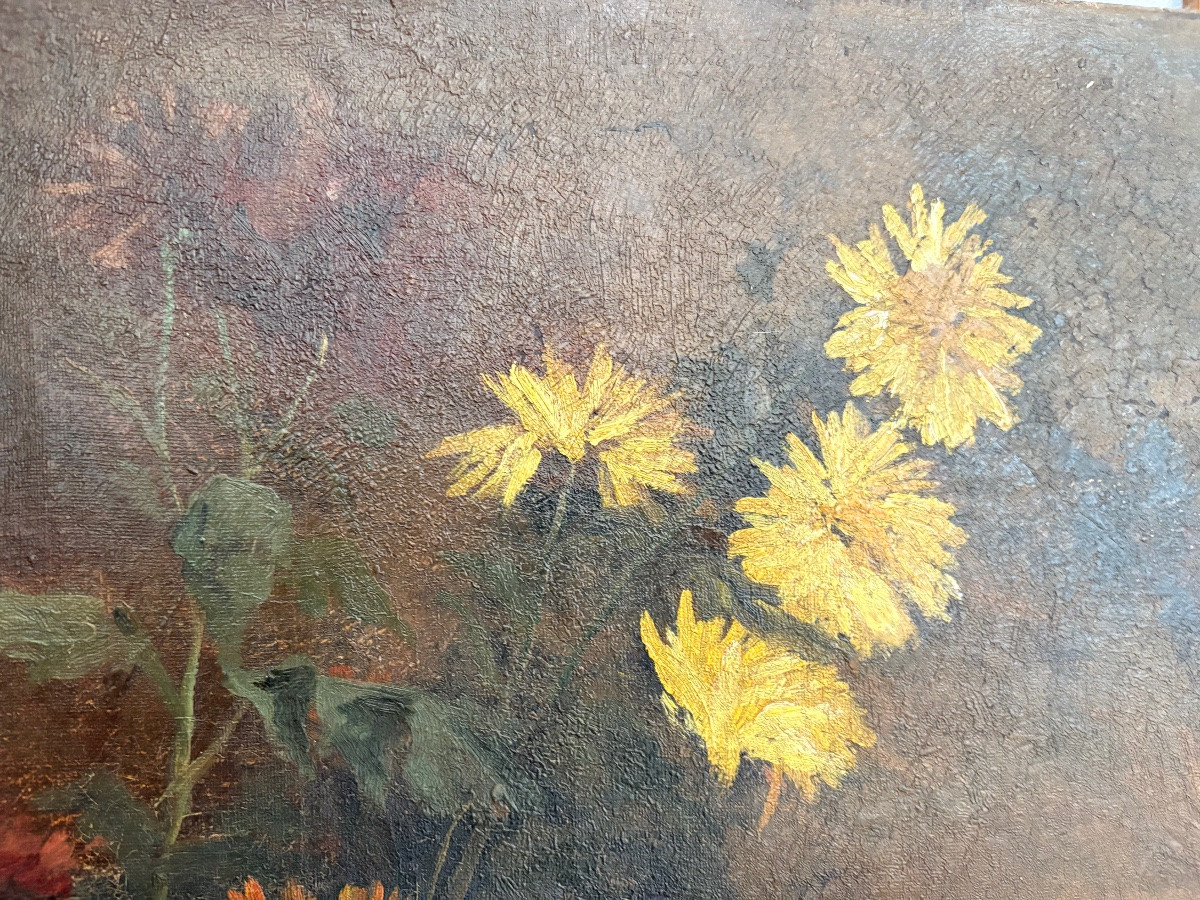 Still Life With Chrysanthemums, Oil On Canvas, Signed, 19th Century-photo-3