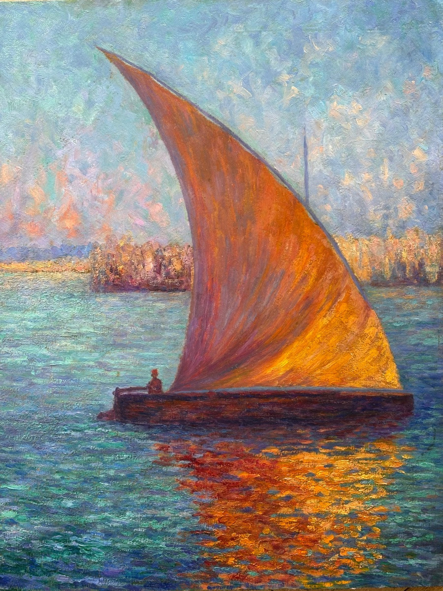 Felouque Sur Le Nil, Oil On Panel Signed A Labesse, Dated 1925-photo-2