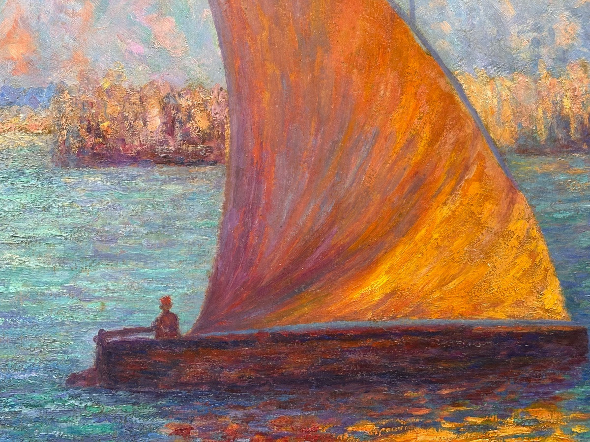 Felouque Sur Le Nil, Oil On Panel Signed A Labesse, Dated 1925-photo-1
