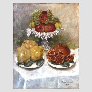 Trois coupes de fruits,  huile sur toile signée Rose Blanche, et datée de 1912