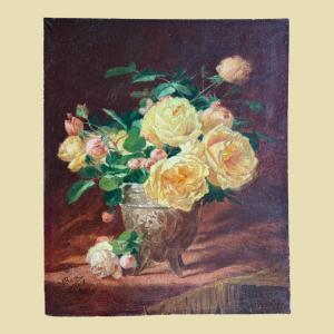 Still Life With A Bouquet Of Roses, Oil On Canvas Signed N Roux, Dated 1907