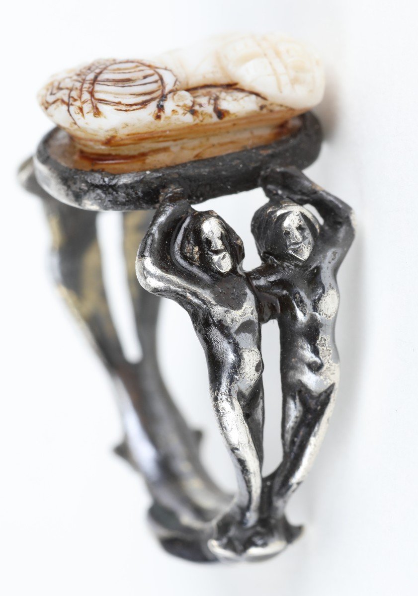 Une Bague Rare Renaissance Adam & Eva En Argent Doré,  Camée Probablement Italienne 16e Siècle-photo-4