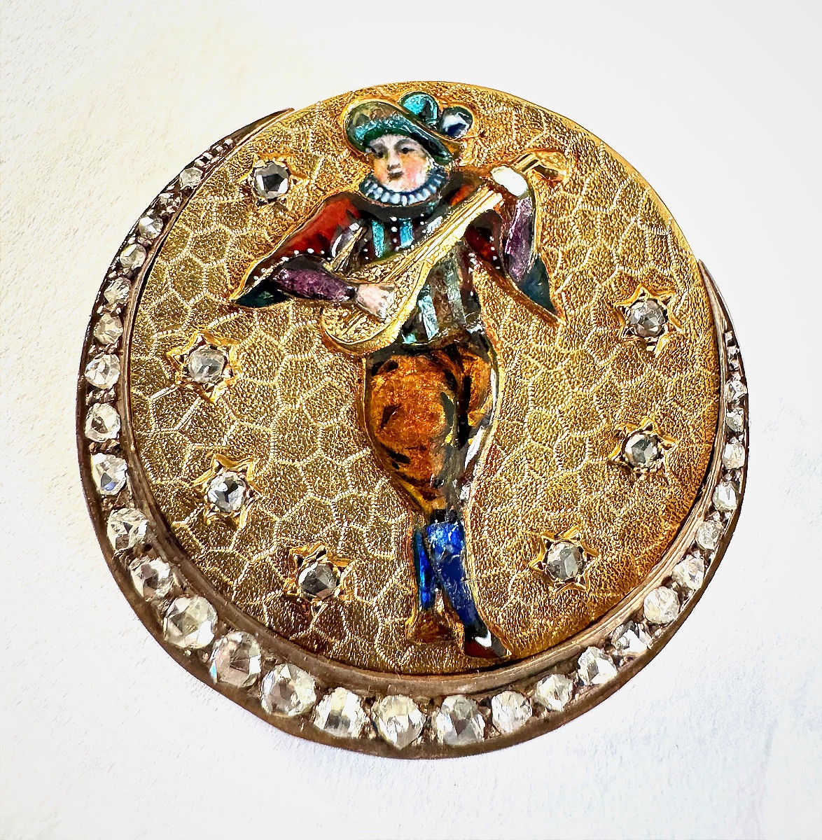 Enamel And Diamond Brooch Depicting A Troubadour 
