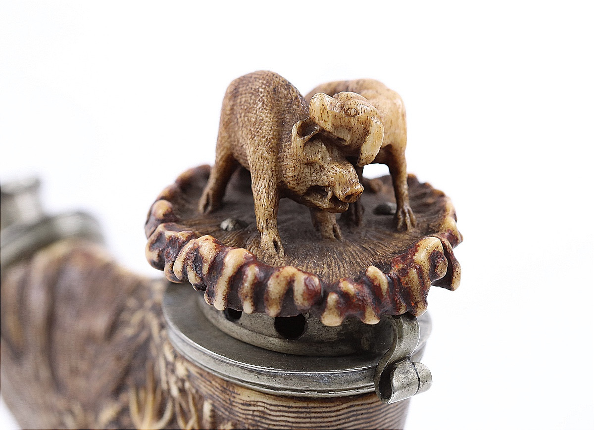 Carved Horn Hunter's Pipe - Probably Lebrecht Wilhelm Schulz (1774-1863)-photo-1