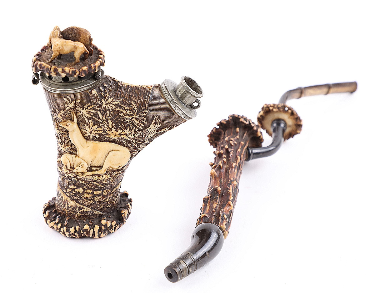 Carved Horn Hunter's Pipe - Probably Lebrecht Wilhelm Schulz (1774-1863)-photo-6
