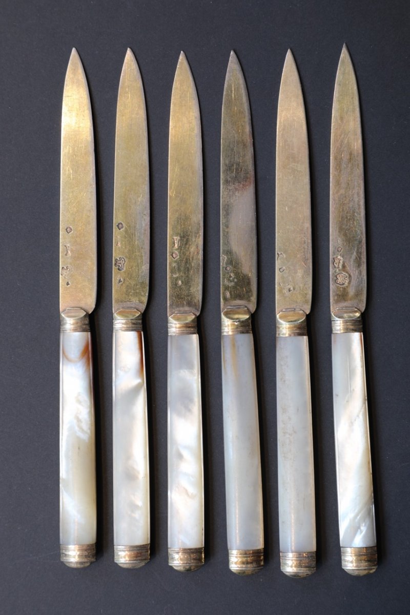 Paris, 6 Fruit Knives In Sterling Silver Vermeil From The 18th Century