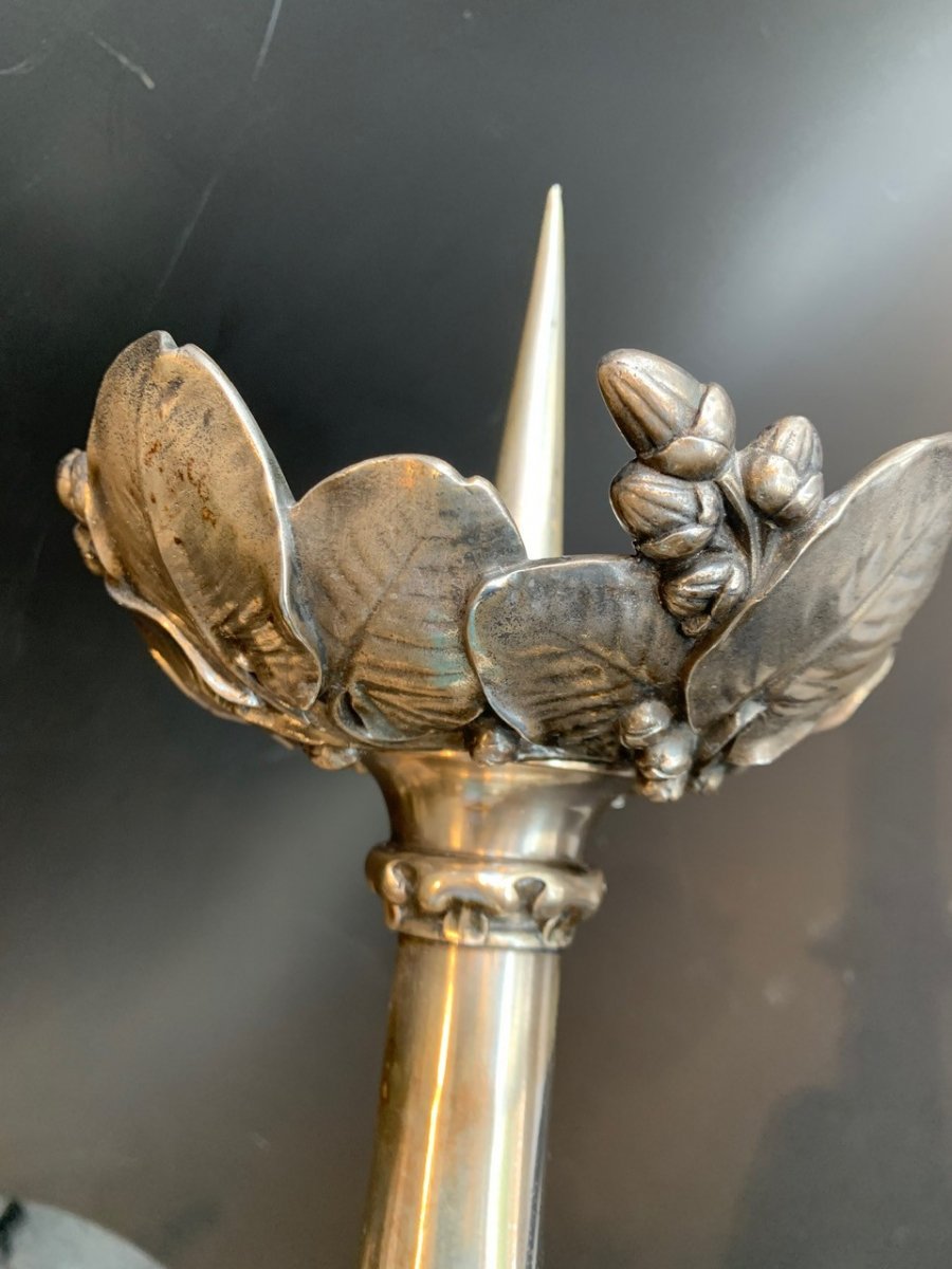 Unusual Silver Plated pricket Candlestick - maison Christofle Paris, In Art Nouvou Style-photo-2