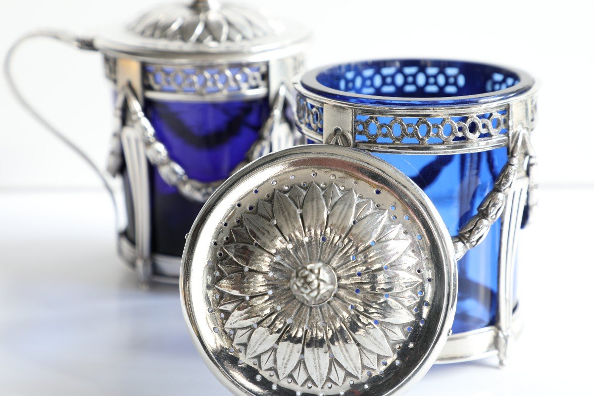 Anvers, 18ème, 1782, Saupoudreuse Et Pot à Moutarde En Argent, Avec Verre Bleu Cobalt,  Jan Baptiste Verberckt -photo-3