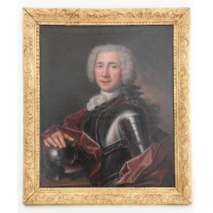 Portrait d'un gentilhomme aristocratique en armure et manteau mauve, huile sur toile c.1720-30 